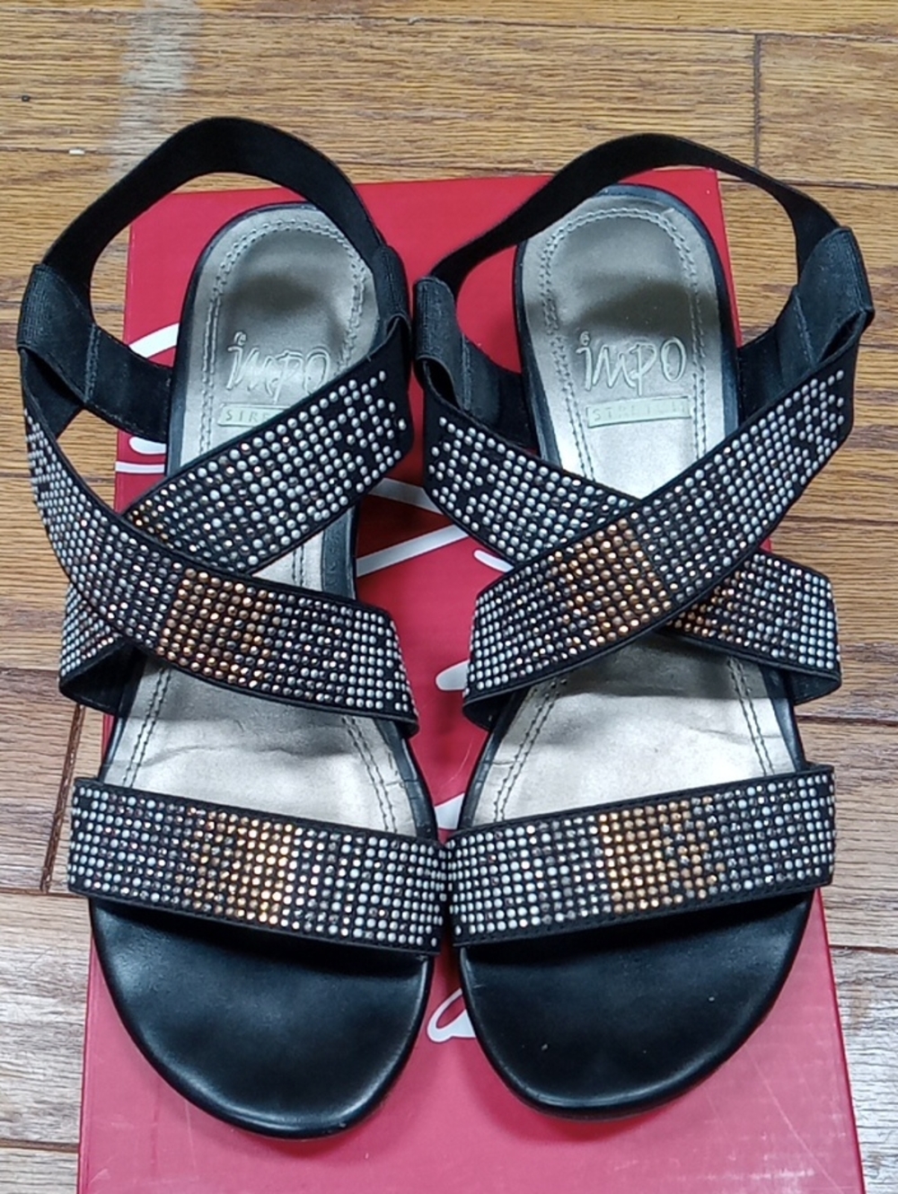 Impo Reign Stretch Rhinestone Strappy Low Wedge Sandals Black Size 6